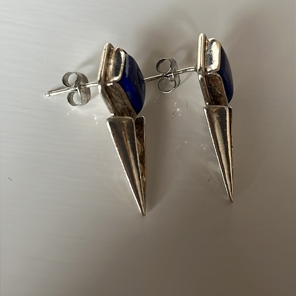 Vintage Lapis Lazuli Blue Sterling Silver Triangle Geometric Earrings - Picture 9 of 12